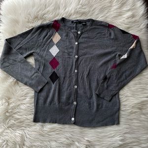 Vintage Charcoal Gray Argyle Cardigan with Magenta and Cream Accents